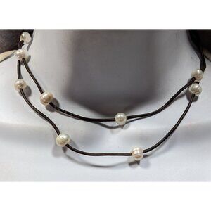 Elegant Bohemian Layered Pearl Studded Brown Leather Cord Necklace